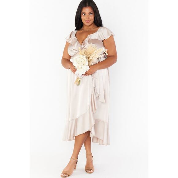 Show Me Your Mumu Samantha Ruffle Wrap Dress Show Me The Ring Luxe Satin M NWT - Picture 5 of 10